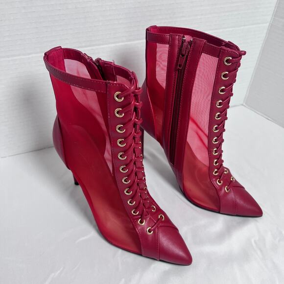 Anne Michelle Deliver the Heat Red Lace Up Pointed Toe Stiletto Booties Womens 6 - Picture 1 of 8